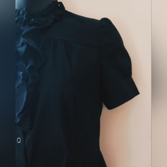 Black "MIXIT" stretch short cuffed sleeve ruffled chest work button-down shirt - Picture 4 of 4
